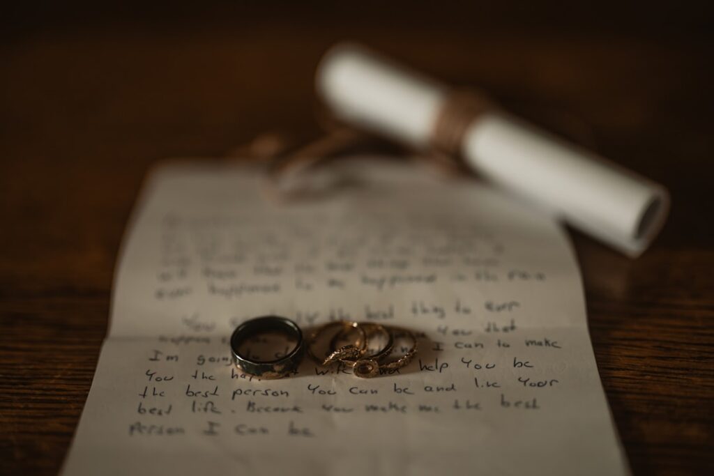 A wedding ring resting on handwritten marriage vows