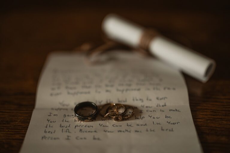A wedding ring resting on handwritten marriage vows